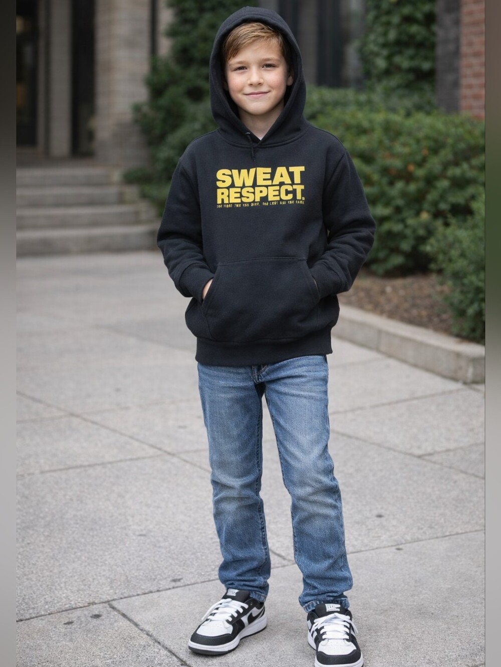 Under Armour Black Pullover Hoodie with Yellow 'SWEAT RESPECT' Graphic Youth XL